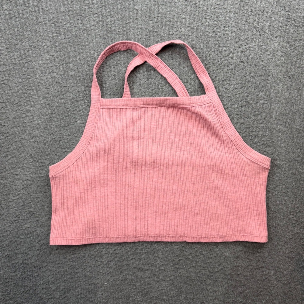American Eagle Crop Top Women's L Pink Ribbed Knit Criss Cross Back High Neck
